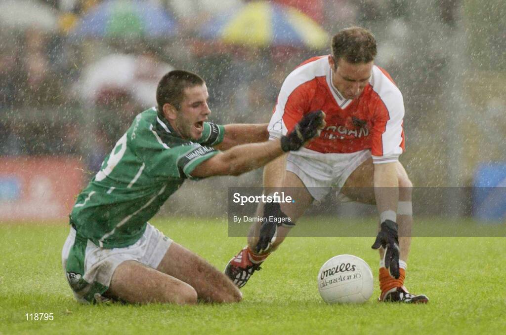 20 July 2003; Armagh's Enda McNulty in action against John Galvin, Limerick. Bank of Ireland Senior Football  Championship qualifier, Limerick v Armagh, Dr Hyde Park, Roscommon. Picture credit; Damien Eagers / SPORTSFILE *EDI*