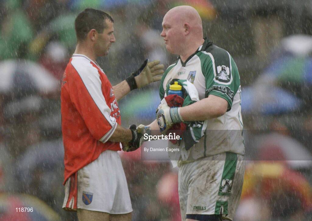 20 July 2003; Seamus O'Donnell, Limerick goalkeeper,  shakes hands with Steven McDonnell, Armagh, at the end of the match. Bank of Ireland Senior Football Championship qualifier, Limerick v Armagh, Dr Hyde Park, Roscommon. Picture credit; Damien Eagers / SPORTSFILE *EDI*