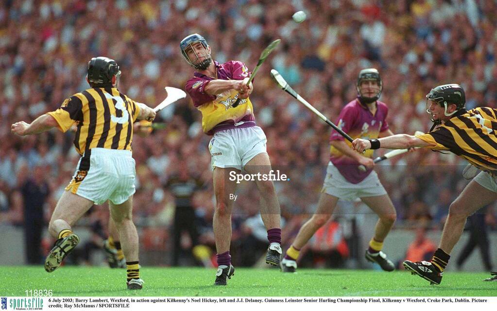 6 July 2003; Barry Lambert, Wexford, in action against Kilkenny's Noel Hickey, left and J.J. Delaney. Guinness Leinster Senior Hurling Championship Final, Kilkenny v Wexford, Croke Park, Dublin. Picture credit; Ray McManus / SPORTSFILE