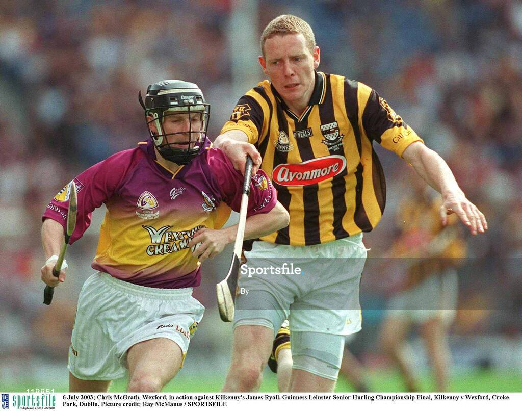 6 July 2003; Chris McGrath, Wexford, in action against Kilkenny's James Ryall. Guinness Leinster Senior Hurling Championship Final, Kilkenny v Wexford, Croke Park, Dublin. Picture credit; Ray McManus / SPORTSFILE