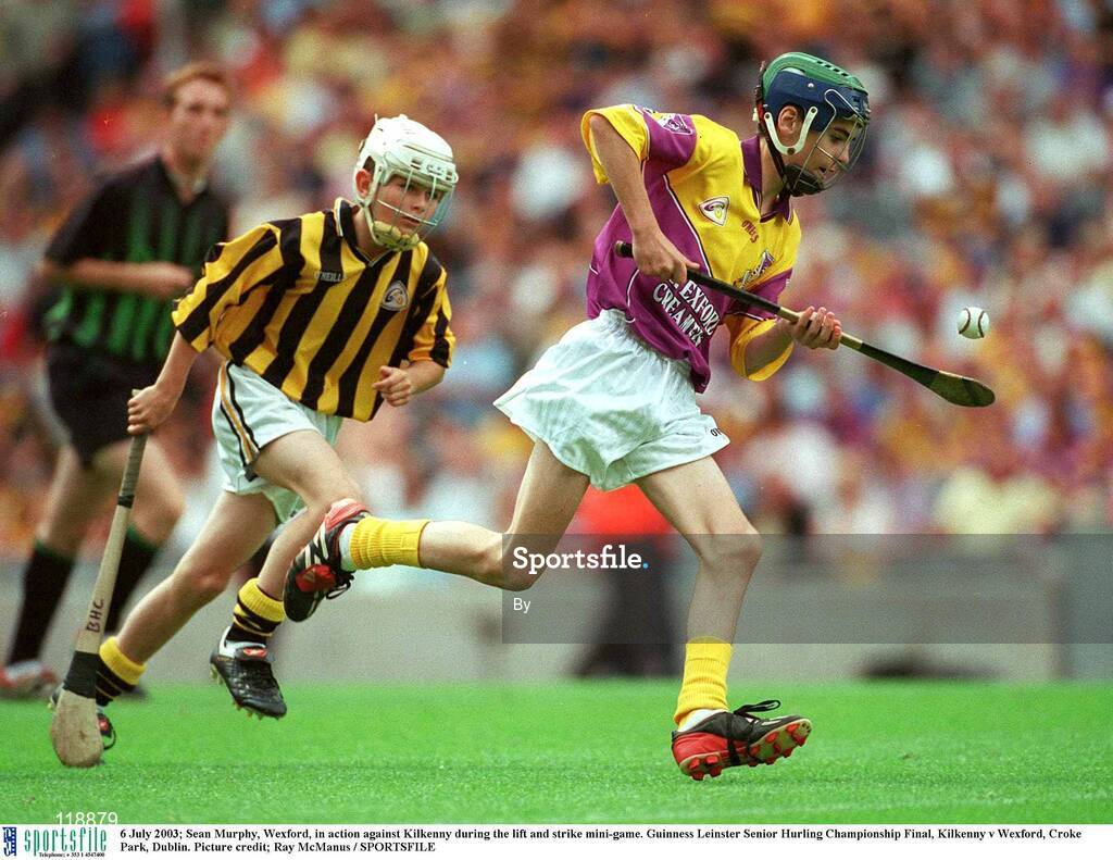 6 July 2003; Sean Murphy, Wexford, in action against Kilkenny during the lift and strike mini-game. Guinness Leinster Senior Hurling Championship Final, Kilkenny v Wexford, Croke Park, Dublin. Picture credit; Ray McManus / SPORTSFILE