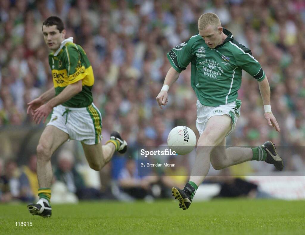 13 July 2003; Stephen Kelly, Limerick, in action against Kerry's Tom O'Sullivan. Bank of Ireland Munster Senior Football Final, Kerry v Limerick, Fitzgerald Stadium, Killarney, Co Kerry. Picture credit; Brendan Moran / SPORTSFILE *EDI*