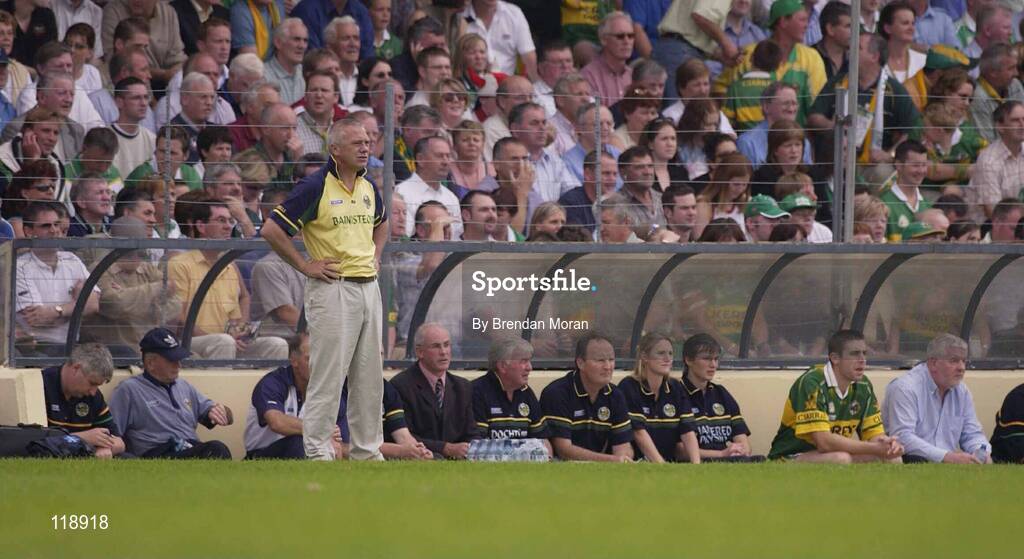 13 July 2003; Kerry manager Páidí Ó Sé watches from the sideline, included is injured Kerry midfielder Darragh O'Se (in Kerry jersey). Bank of Ireland Munster Senior Football Final, Kerry v Limerick, Fitzgerald Stadium, Killarney, Co Kerry. Picture credit; Brendan Moran / SPORTSFILE *EDI*