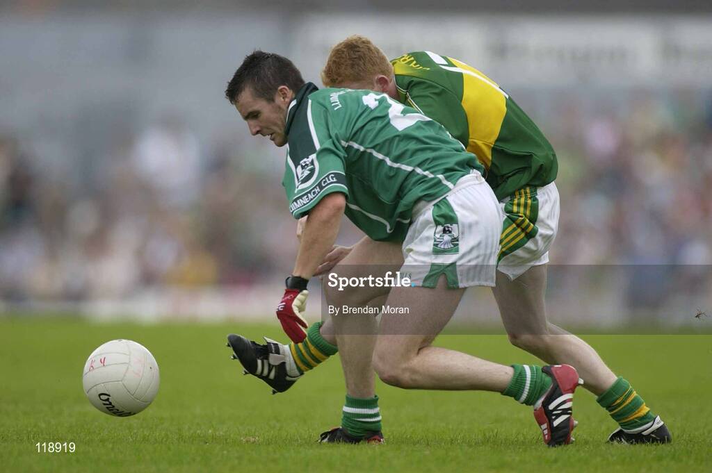 13 July 2003; Mark O'Riordan, Limerick, in action against Kerry's Colm Cooper. Bank of Ireland Munster Senior Football Final, Kerry v Limerick, Fitzgerald Stadium, Killarney, Co Kerry. Picture credit; Brendan Moran / SPORTSFILE *EDI*