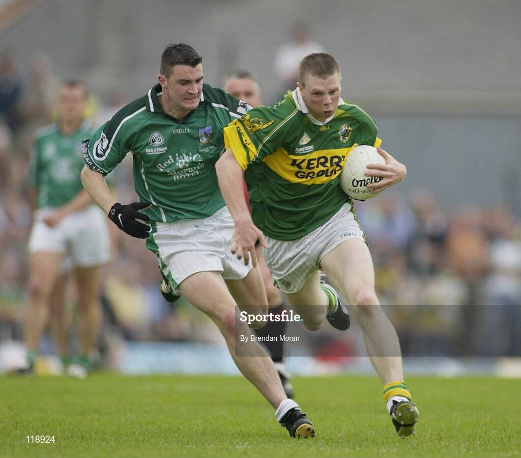 13 July 2003; Tomas O'Se, Kerry, in action against Limerick's Stephen Lucey. Bank of Ireland Munster Senior Football Final, Kerry v Limerick, Fitzgerald Stadium, Killarney, Co Kerry. Picture credit; Brendan Moran / SPORTSFILE *EDI*