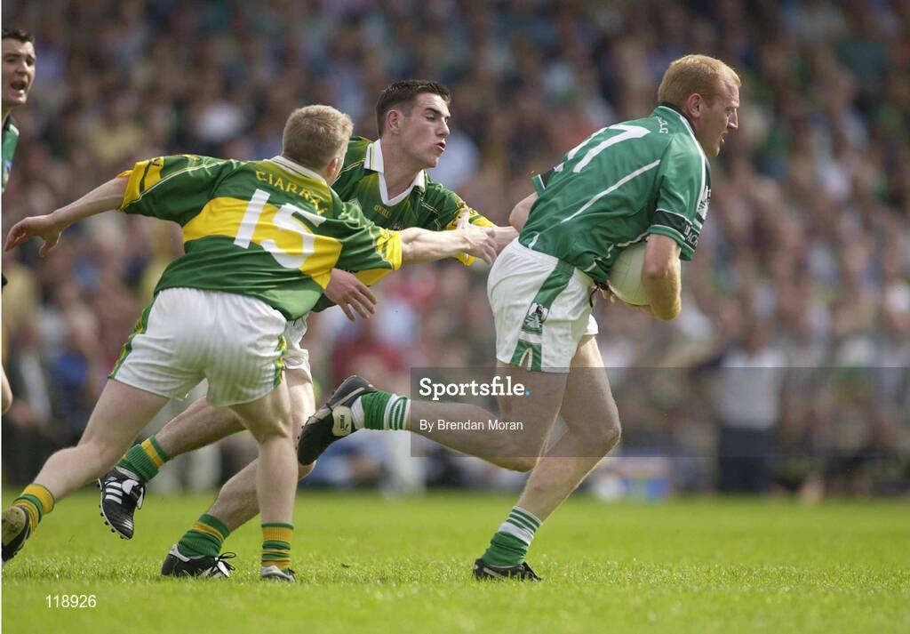 13 July 2003; John Quane, Limerick, in action against Kerry's Declan O'Sullivan and Michael Francis Russell (15). Bank of Ireland Munster Senior Football Final, Kerry v Limerick, Fitzgerald Stadium, Killarney, Co Kerry. Picture credit; Brendan Moran / SPORTSFILE *EDI*