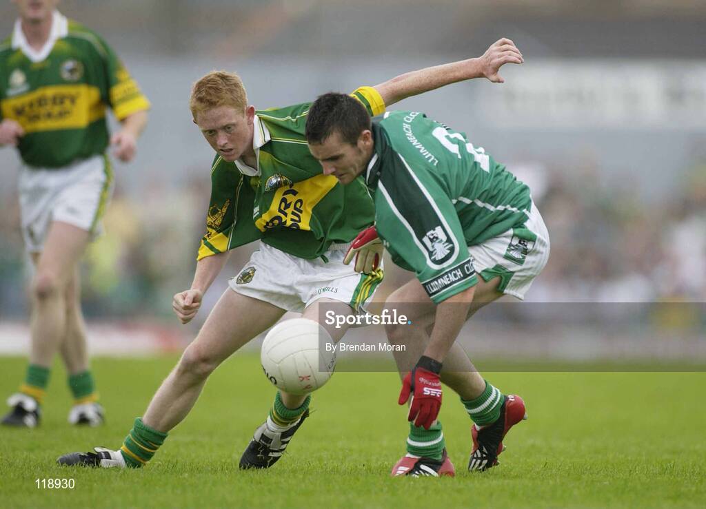 13 July 2003; Mark O'Riordan, Limerick, in action against Kerry's Colm Cooper. Bank of Ireland Munster Senior Football Final, Kerry v Limerick, Fitzgerald Stadium, Killarney, Co Kerry. Picture credit; Brendan Moran / SPORTSFILE *EDI*