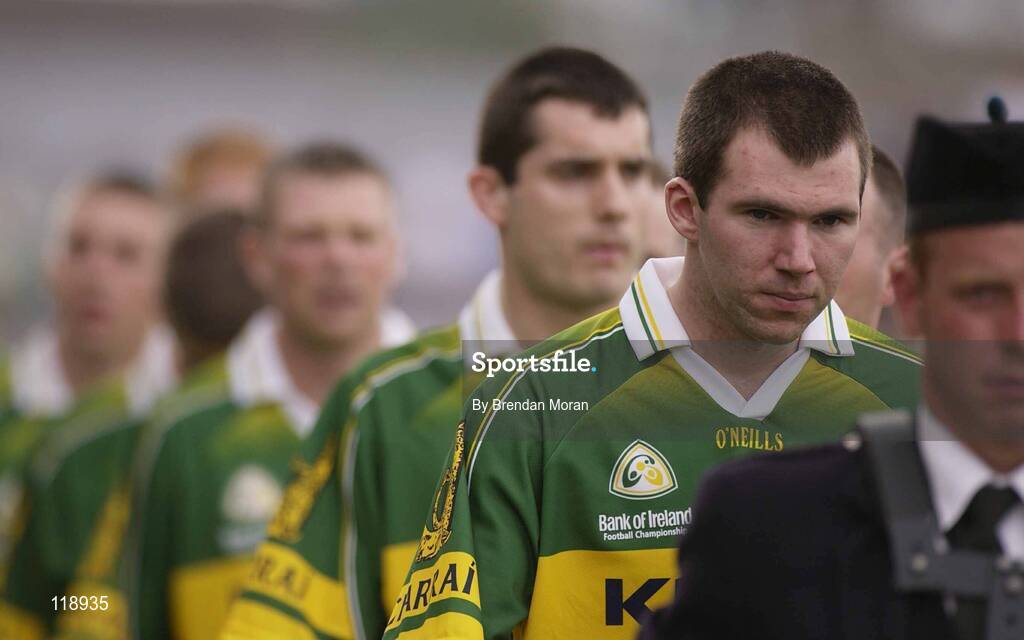 13 July 2003; Kerry captain Michael McCarthy leads his side in the pre-match parade. Bank of Ireland Munster Senior Football Final, Kerry v Limerick, Fitzgerald Stadium, Killarney, Co Kerry. Picture credit; Brendan Moran / SPORTSFILE *EDI*