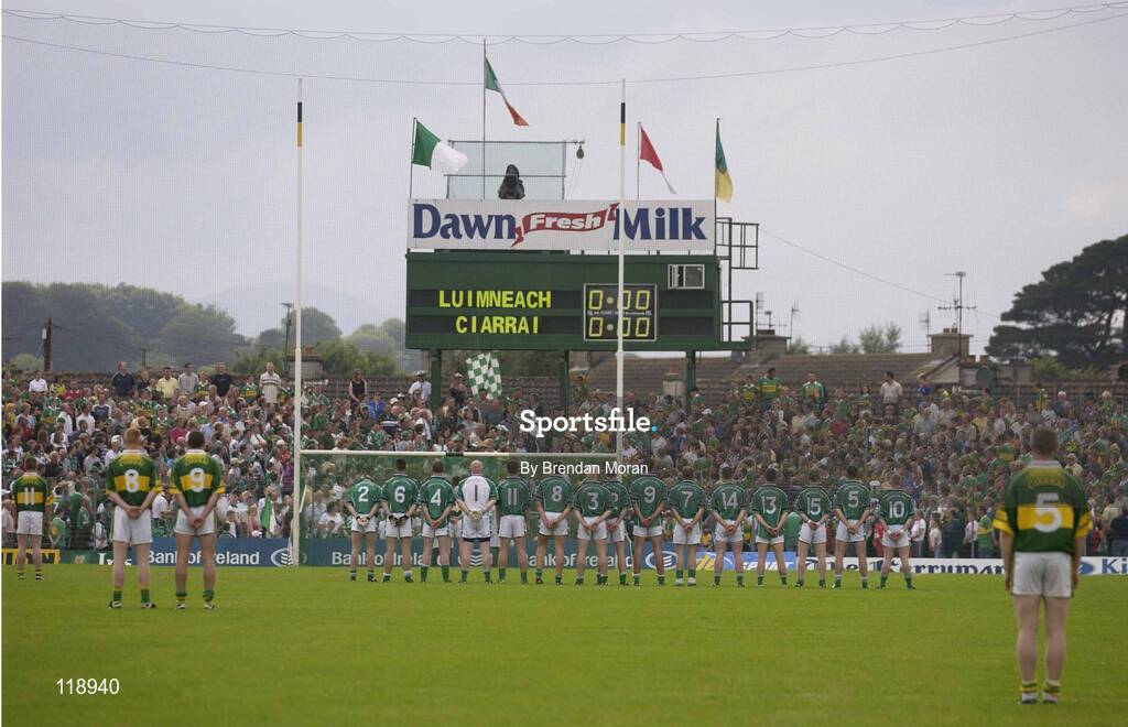 13 July 2003; The Limerick team stand together for the National Anthem. Bank of Ireland Munster Senior Football Final, Kerry v Limerick, Fitzgerald Stadium, Killarney, Co Kerry. Picture credit; Brendan Moran / SPORTSFILE *EDI*