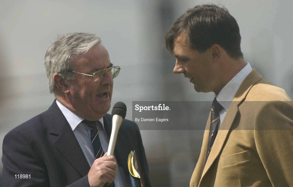 20 July 2003; GAA commentator Jim Carney interviews Tony Davis. Connacht U21 Football Championship Semi Final, Galway v Roscommon, Dr Hyde Park, Roscommon. Picture credit; Damien Eagers / SPORTSFILE *EDI*