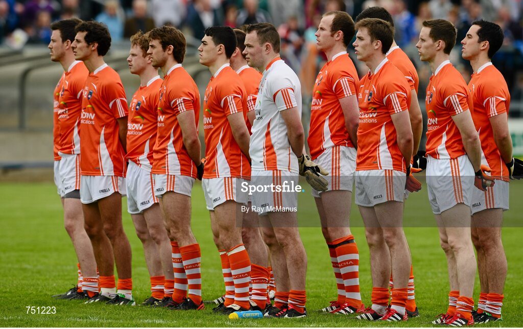 19 May 2013; The Armagh players stand for the singing of the National Anthem. Ulster GAA Football Senior Championship, Preliminary Round, Cavan v Armagh, Kingspan Breffni Park, Cavan. Picture credit: Ray McManus / SPORTSFILE