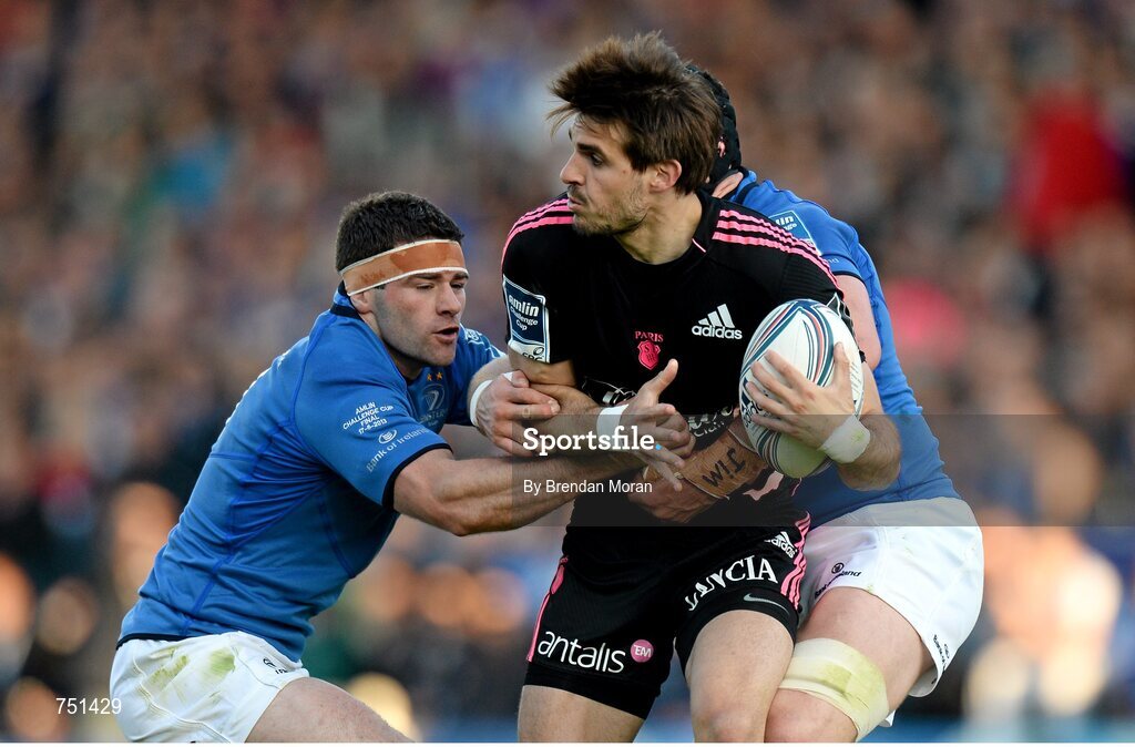 17 May 2013; Hugo Bonneval, Stade Francais, is tackled by Fergus McFadden, left, and Sean O'Brien, Leinster. Amlin Challenge Cup Final 2012/13, Leinster v Stade Francais, RDS, Ballsbridge, Dublin. Picture credit: Brendan Moran / SPORTSFILE