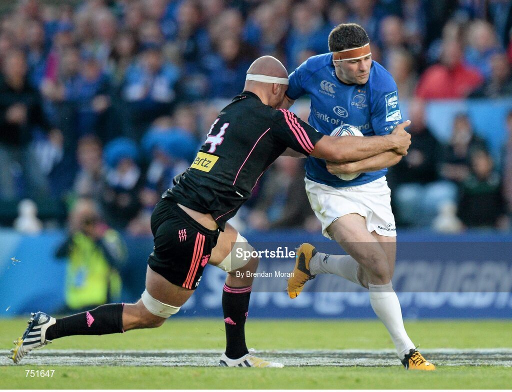 17 May 2013; Fergus McFadden, Leinster, is tackled by Scott Lavalla, Stade Francais. Amlin Challenge Cup Final 2012/13, Leinster v Stade Francais, RDS, Ballsbridge, Dublin. Picture credit: Brendan Moran / SPORTSFILE