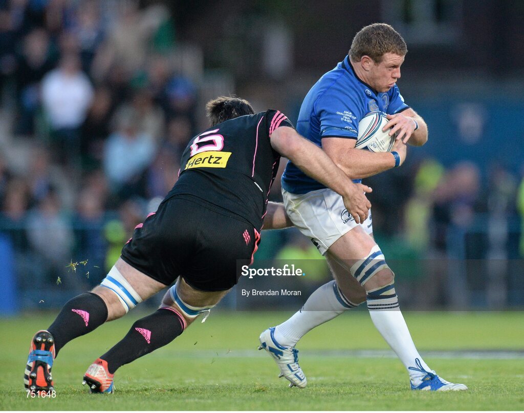 17 May 2013; Sean Cronin, Leinster, is tackled by David Lyons, Stade Francais. Amlin Challenge Cup Final 2012/13, Leinster v Stade Francais, RDS, Ballsbridge, Dublin. Picture credit: Brendan Moran / SPORTSFILE