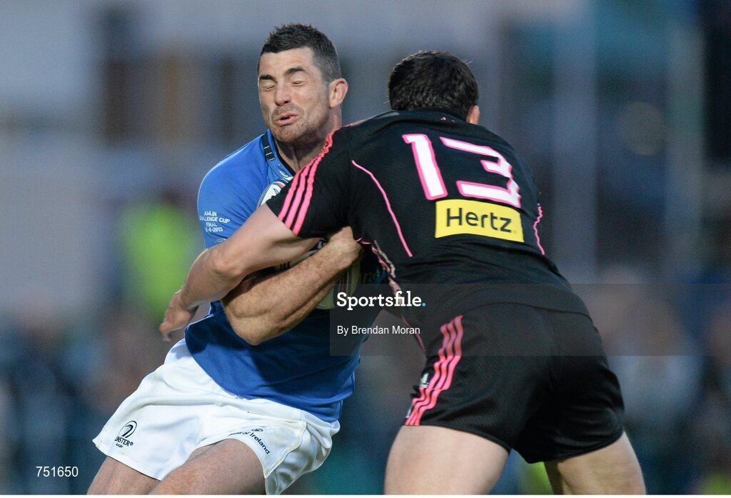 17 May 2013; Rob Kearney, Leinster, is tackled by Geoffrey Doumayrou, Stade Francais. Amlin Challenge Cup Final 2012/13, Leinster v Stade Francais, RDS, Ballsbridge, Dublin. Picture credit: Brendan Moran / SPORTSFILE
