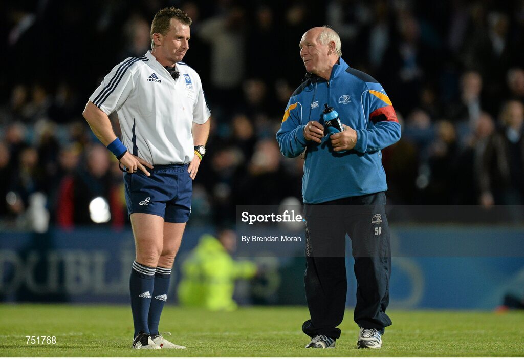 17 May 2013; Leinster rugby baggage master Johnny O'Hagan with referee Nigel Owens. Amlin Challenge Cup Final 2012/13, Leinster v Stade Francais, RDS, Ballsbridge, Dublin. Picture credit: Brendan Moran / SPORTSFILE