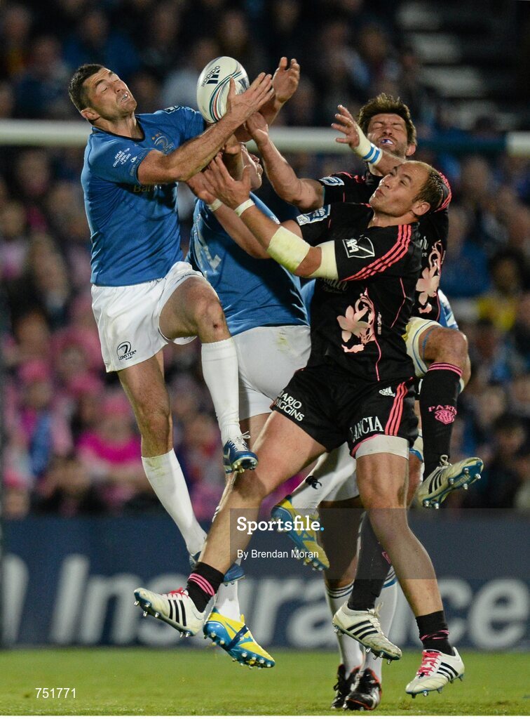 17 May 2013; Rob Kearney, Leinster, catches a high ball ahead of Sergio Parisse, Stade Francais. Amlin Challenge Cup Final 2012/13, Leinster v Stade Francais, RDS, Ballsbridge, Dublin. Picture credit: Brendan Moran / SPORTSFILE