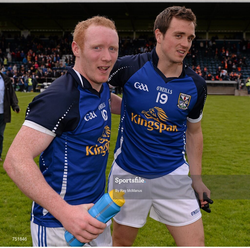 19 May 2013; Cavan players Cian Mackey, left, and John McCutcheon celebrate victory. Ulster GAA Football Senior Championship, Preliminary Round, Cavan v Armagh, Kingspan Breffni Park, Cavan. Picture credit: Ray McManus / SPORTSFILE