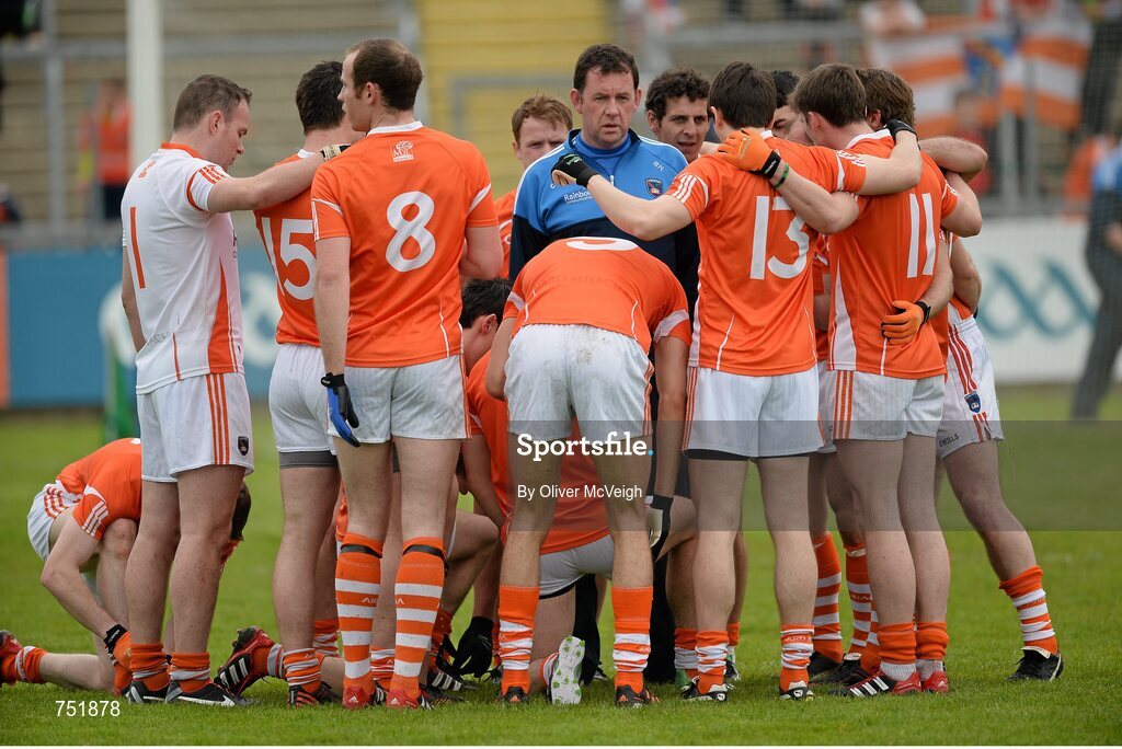 19 May 2013; Brendan Hughes, Armagh assistant manager, giving a pre-match team talk. Ulster GAA Football Senior Championship, Preliminary Round, Cavan v Armagh, Kingspan Breffni Park, Cavan. Picture credit: Oliver McVeigh / SPORTSFILE