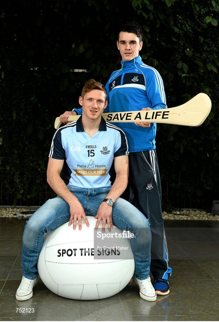 22 May 2013; Dublin footballer Paul Flynn, left, and hurler Danny Sutcliffe in attendance at the launch of the jersey initiative and Pieta House ‘MIND OUR MEN’ campaign into Dublin GAA. The Gibson Hotel, Dublin. Picture credit: David Maher / SPORTSFILE