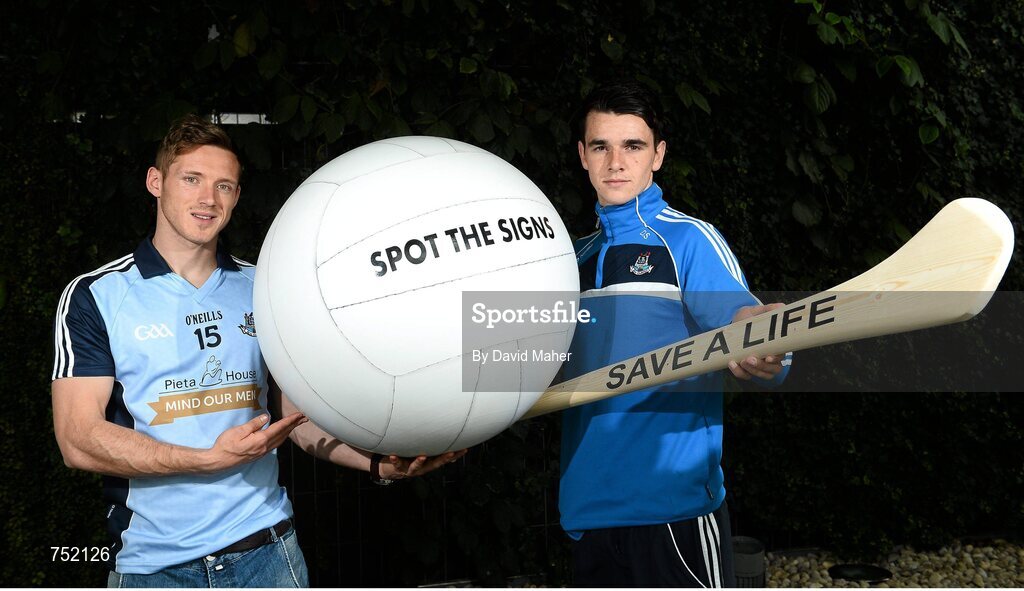22 May 2013; Dublin footballer Paul Flynn, left, and hurler Danny Sutcliffe in attendance at the launch of the jersey initiative and Pieta House ‘MIND OUR MEN’ campaign into Dublin GAA. The Gibson Hotel, Dublin. Picture credit: David Maher / SPORTSFILE
