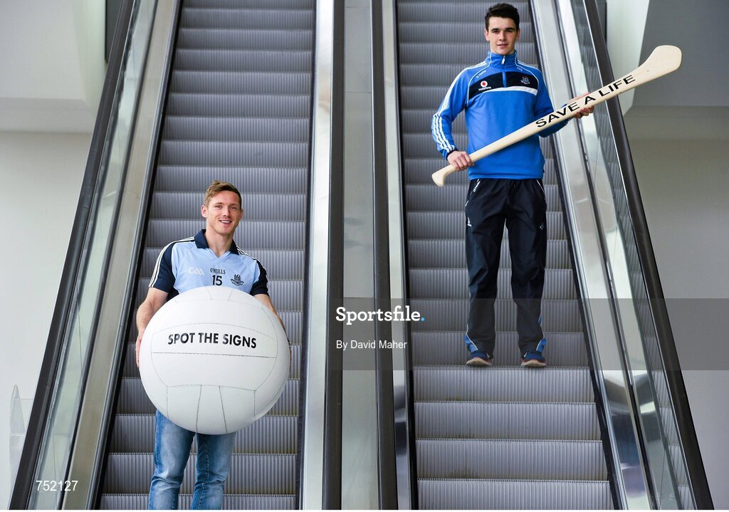 22 May 2013; Dublin footballer Paul Flynn, left, and hurler Danny Sutcliffe in attendance at the launch of the jersey initiative and Pieta House ‘MIND OUR MEN’ campaign into Dublin GAA. The Gibson Hotel, Dublin. Picture credit: David Maher / SPORTSFILE