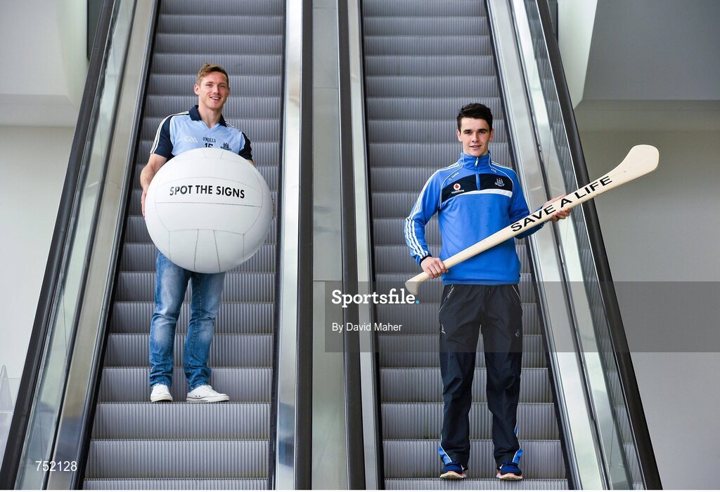 22 May 2013; Dublin footballer Paul Flynn, left, and hurler Danny Sutcliffe in attendance at the launch of the jersey initiative and Pieta House ‘MIND OUR MEN’ campaign into Dublin GAA. The Gibson Hotel, Dublin. Picture credit: David Maher / SPORTSFILE