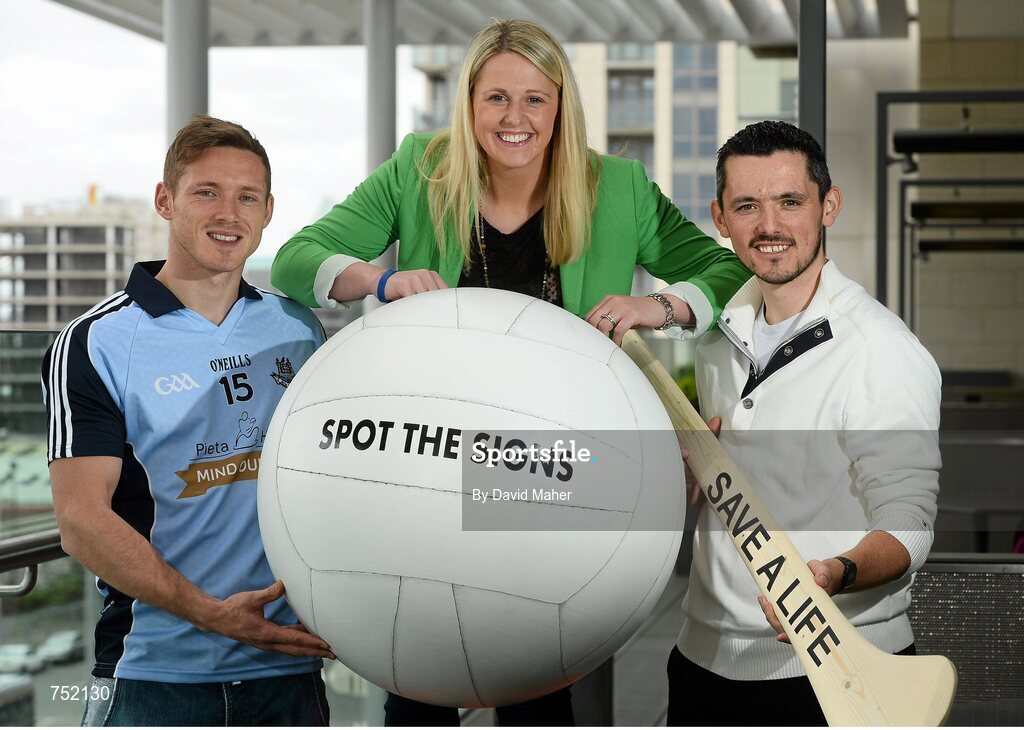 22 May 2013; Dublin footballer Paul Flynn, left, and David Mitchell, Pieta House, with RTE's Jacqui Hurley in attendance at the launch of the jersey initiative and Pieta House ‘MIND OUR MEN’ campaign into Dublin GAA. The Gibson Hotel, Dublin. Picture credit: David Maher / SPORTSFILE