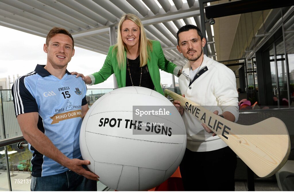 22 May 2013; Dublin footballer Paul Flynn, left, and David Mitchell, Pieta House, with RTE's Jacqui Hurley in attendance at the launch of the jersey initiative and Pieta House ‘MIND OUR MEN’ campaign into Dublin GAA. The Gibson Hotel, Dublin. Picture credit: David Maher / SPORTSFILE