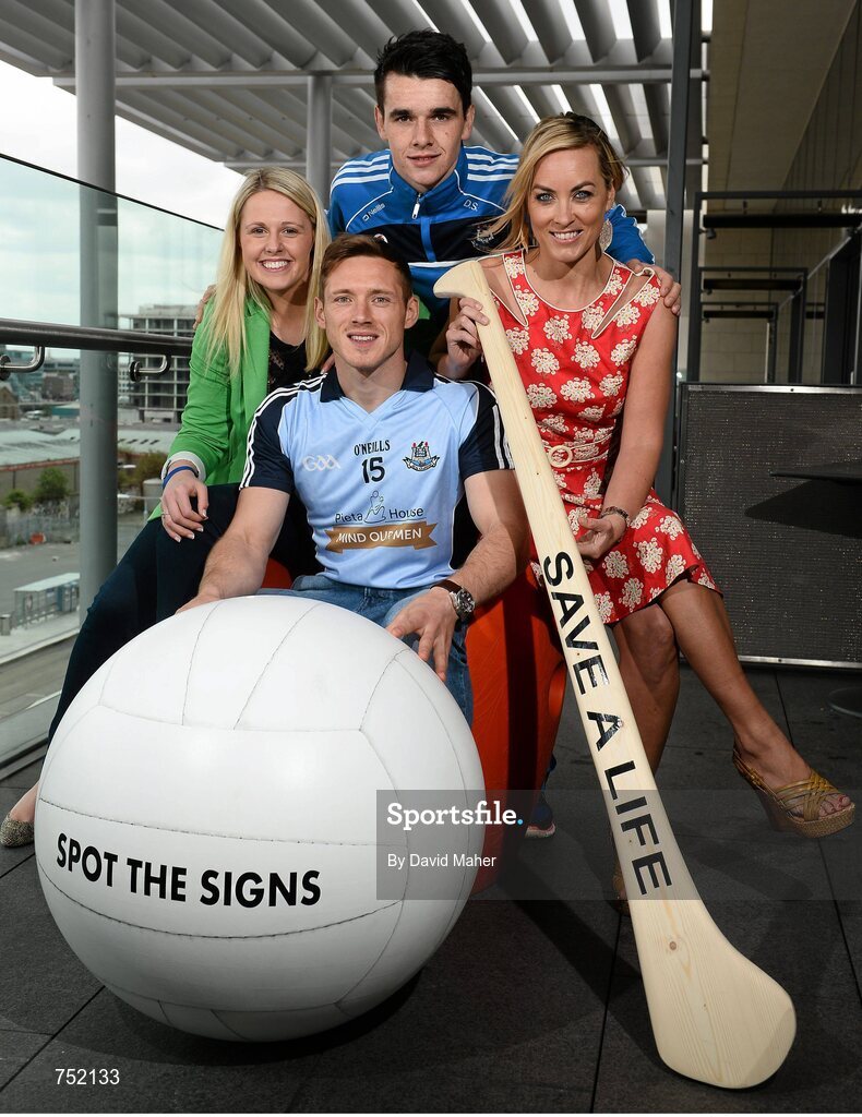22 May 2013; Dublin footballer Paul Flynn and hurler Danny Sutcliffe with RTE's Jacqui Hurley, left, and Kathryn Thomas in attendance at the launch of the jersey initiative and Pieta House ‘MIND OUR MEN’ campaign into Dublin GAA. The Gibson Hotel, Dublin. Picture credit: David Maher / SPORTSFILE