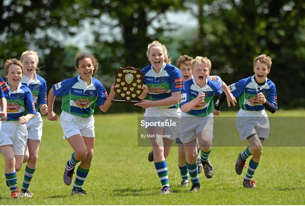 22 May 2013; Pupils from the Gorey Central National School, Gorey, Co Wexford, celebrate winning the Kelly's Resort Hotel & Spa Shield. Leinster Rugby County Nations Blitz, Wexford Wonderers RFC, Wexford. Picture credit: Matt Browne / SPORTSFILE