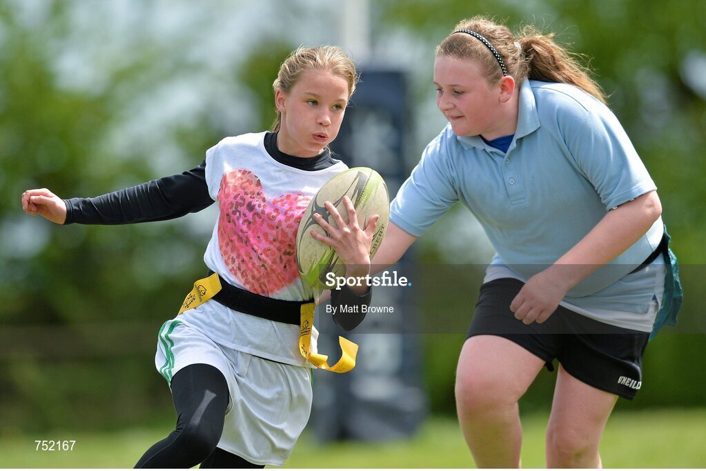 22 May 2013; St John of God Mercy National School?, Wexford Town, in action against Ballymitty National School, from Ballymitty, Co. Wexford, during the Echo Cup final. Leinster Rugby County Nations Blitz, Wexford Wonderers RFC, Wexford. Picture credit: Matt Browne / SPORTSFILE