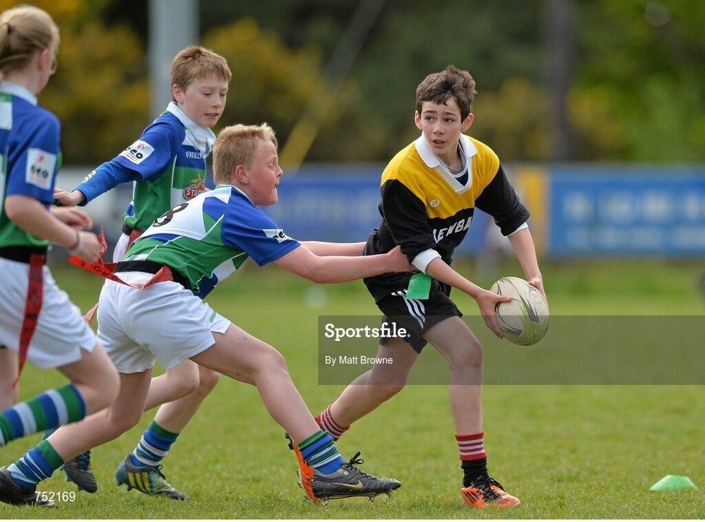 22 May 2013; Newbawn National School, Co. Wexford, in action against Gorey Central National School Gorey, Co. Wexford, during the Kelly's Resort Hotel & Spa Shield semi-final. Leinster Rugby County Nations Blitz, Wexford Wonderers RFC, Wexford. Picture credit: Matt Browne / SPORTSFILE