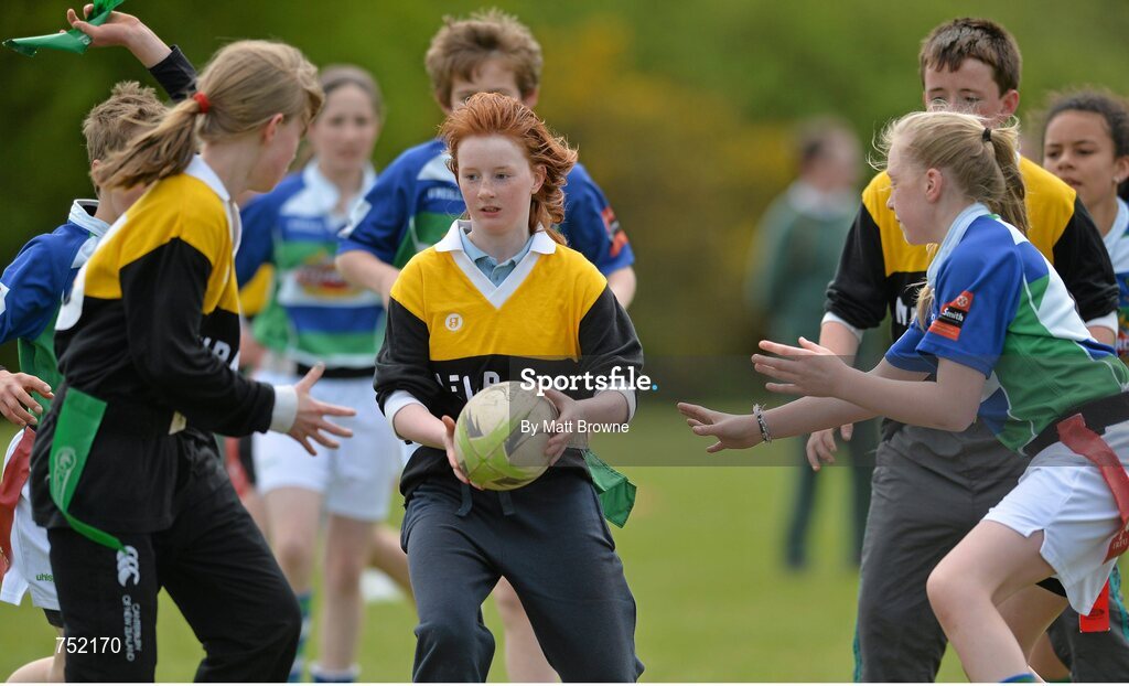 22 May 2013; Newbawn National School, Co. Wexford, in action against Gorey Central National School Gorey, Co. Wexford, during the Kelly's Resort Hotel & Spa Shield semi-final. Leinster Rugby County Nations Blitz, Wexford Wonderers RFC, Wexford. Picture credit: Matt Browne / SPORTSFILE