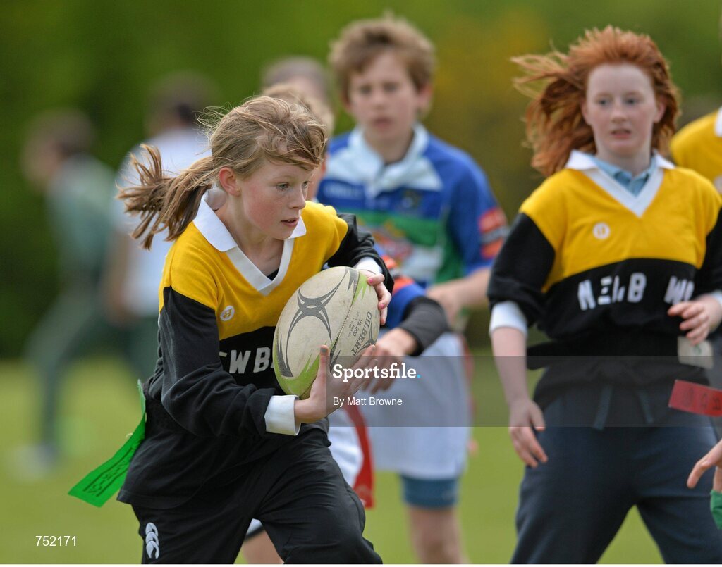 22 May 2013; Newbawn National School, Co. Wexford, in action against Gorey Central National School Gorey, Co. Wexford, during the Kelly's Resort Hotel & Spa Shield semi-final. Leinster Rugby County Nations Blitz, Wexford Wonderers RFC, Wexford. Picture credit: Matt Browne / SPORTSFILE