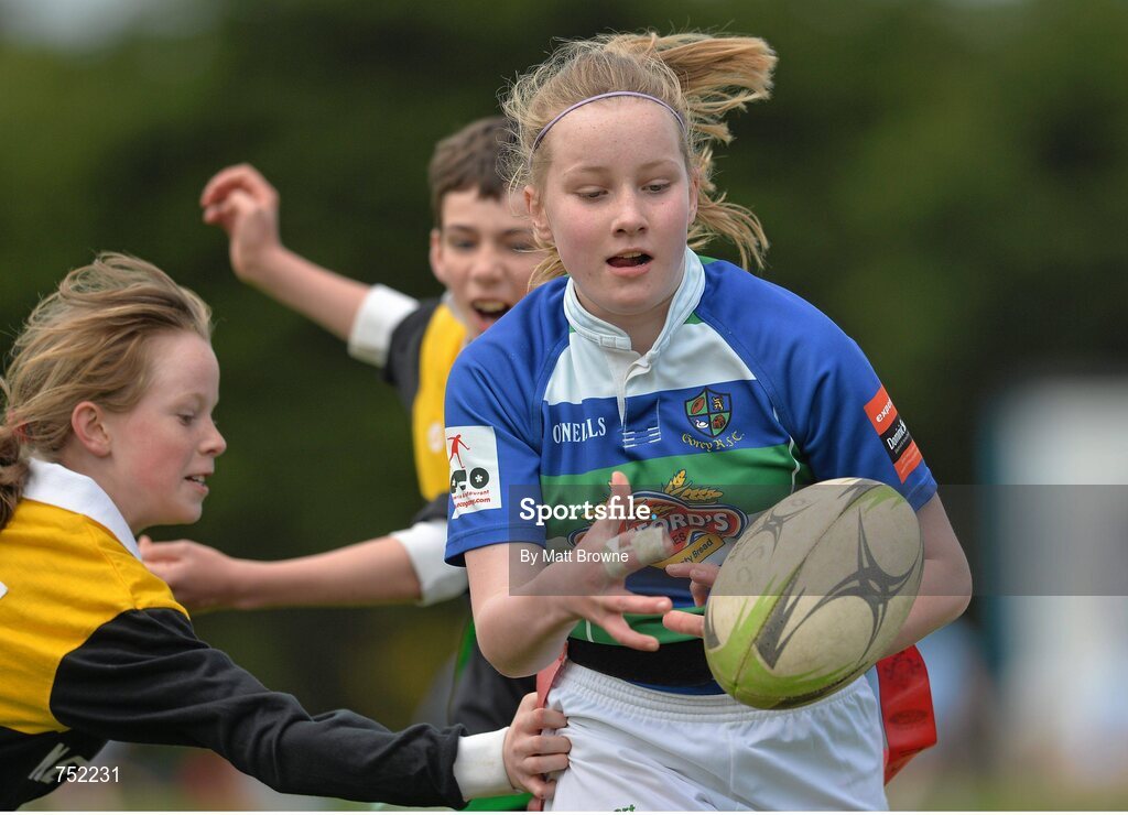22 May 2013; Gorey Central National School, Gorey, Co. Wexford, in action against Newbawn National School, Co. Wexford, during the Kelly's Resort Hotel & Spa Shield semi-final. Leinster Rugby County Nations Blitz, Wexford Wonderers RFC, Wexford. Picture credit: Matt Browne / SPORTSFILE