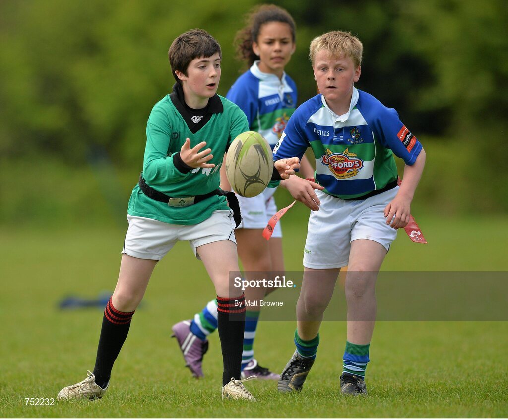 22 May 2013; Newbawn National School, Co. Wexford, in action against Gorey Central National School, Gorey, Co. Wexford, during the Kelly's Resort Hotel & Spa Shield semi-final. Leinster Rugby County Nations Blitz, Wexford Wonderers RFC, Wexford. Picture credit: Matt Browne / SPORTSFILE