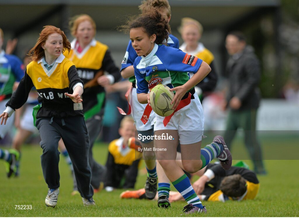22 May 2013; Gorey Central National School Gorey, Co. Wexford, in action against Newbawn National School, Co. Wexford, during the Kelly's Resort Hotel & Spa Shield semi-final. Leinster Rugby County Nations Blitz, Wexford Wonderers RFC, Wexford. Picture credit: Matt Browne / SPORTSFILE