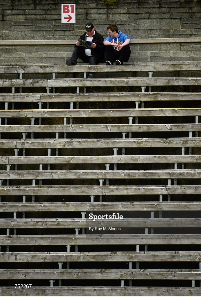 19 May 2013; Two supporters read a match programme before the game. Ulster GAA Football Senior Championship, Preliminary Round, Cavan v Armagh, Kingspan Breffni Park, Cavan. Picture credit: Ray McManus / SPORTSFILE
