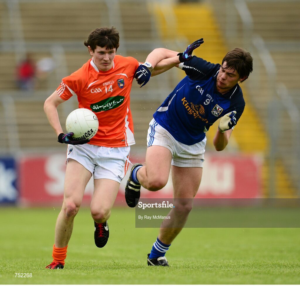 19 May 2013; Joseph McElroy, Armagh, in action against Greg McGovern, Cavan. Ulster GAA Football Senior Championship, Preliminary Round, Cavan v Armagh, Kingspan Breffni Park, Cavan. Picture credit: Ray McManus / SPORTSFILE