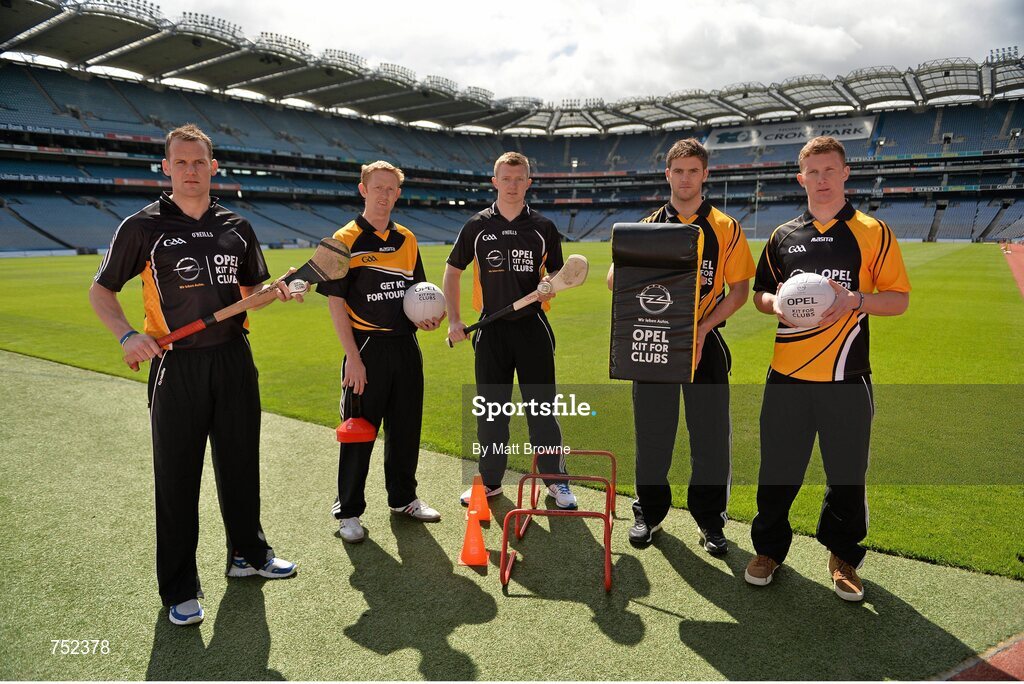 23 May 2013; From left, Kilkenny hurlerJackie Tyrrell, Kerry footballer Colm Cooper, Galway hurler Joe Canning, Galway, Cork footballer Eoin Cadogan and Dublin footballer Ciaran Kilkenny pictured at the launch of Opel Kits for Clubs 2013 – For every test drive, car service or Opel purchase made through the Opel dealer network, your local GAA club is awarded points. Build up your points and redeem them against high quality kit for your club! Log onto opelkitforclubs.com and start earning points today. Support your local GAA club! Croke Park, Dublin. Picture credit: Matt Browne / SPORTSFILE