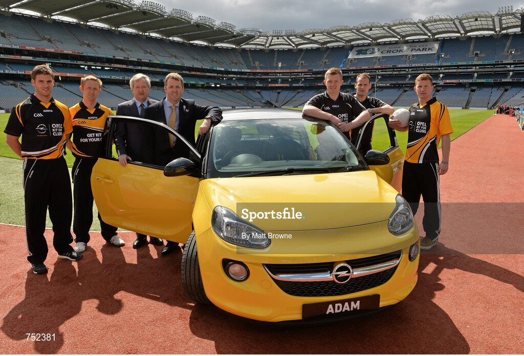 23 May 2013; From left, Cork footballer Eoin Cadogan, Kerry footballer Colm Cooper,  Páraic Duffy, Ard Stiúrthóir of the GAA, Dave Sheeran, Managung Director of Opel Ireland, Galway hurlier Joe Canning, Kilkenny hurler Jackie Tyrrell and Dublin footballer Ciaran Kilkenny, with the Opel ADAM, pictured at the launch of Opel Kits for Clubs 2013 – For every test drive, car service or Opel purchase made through the Opel dealer network, your local GAA club is awarded points. Build up your points and redeem them against high quality kit for your club! Log onto opelkitforclubs.com and start earning points today. Support your local GAA club! Croke Park, Dublin. Picture credit: Matt Browne / SPORTSFILE