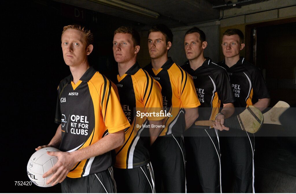 23 May 2013; From left, Kerry footballer Colm Cooper, Dublin footballer Ciaran Kilkenny, Cork footballer Eoin Cadogan, Kilkenny hurler Jackie Tyrrell and Galway hurler Joe Canning, pictured at the launch of Opel Kits for Clubs 2013 – For every test drive, car service or Opel purchase made through the Opel dealer network, your local GAA club is awarded points. Build up your points and redeem them against high quality kit for your club! Log onto opelkitforclubs.com and start earning points today. Support your local GAA club! Croke Park, Dublin. Picture credit: Matt Browne / SPORTSFILE