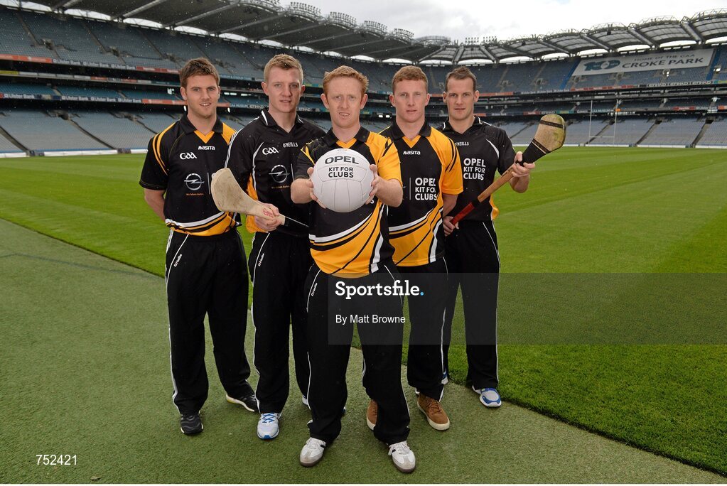 23 May 2013; Kerry footballer Colm Cooper, with, from left, Cork footballer Eoin Cadogan, Galway hurler Joe Canning, Dublin footballer Ciaran Kilkenny and Kilkenny hurler Jackie Tyrrell pictured at the launch of Opel Kits for Clubs 2013 – For every test drive, car service or Opel purchase made through the Opel dealer network, your local GAA club is awarded points. Build up your points and redeem them against high quality kit for your club! Log onto opelkitforclubs.com and start earning points today. Support your local GAA club! Croke Park, Dublin. Picture credit: Matt Browne / SPORTSFILE