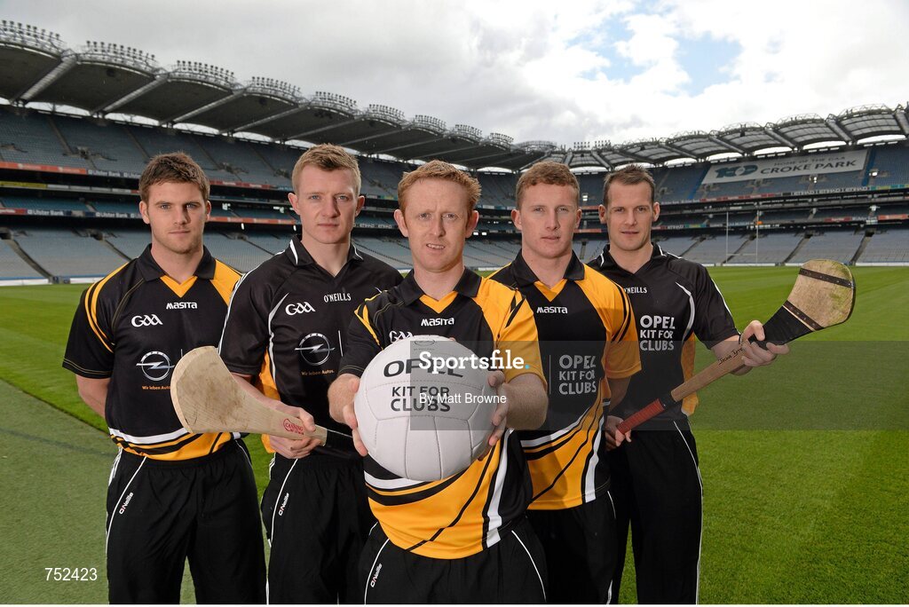 23 May 2013; Kerry footballer Colm Cooper, with, from left, Cork footballer Eoin Cadogan, Galway hurler Joe Canning, Dublin footballer Ciaran Kilkenny and Kilkenny hurler Jackie Tyrrell pictured at the launch of Opel Kits for Clubs 2013 – For every test drive, car service or Opel purchase made through the Opel dealer network, your local GAA club is awarded points. Build up your points and redeem them against high quality kit for your club! Log onto opelkitforclubs.com and start earning points today. Support your local GAA club! Croke Park, Dublin. Picture credit: Matt Browne / SPORTSFILE