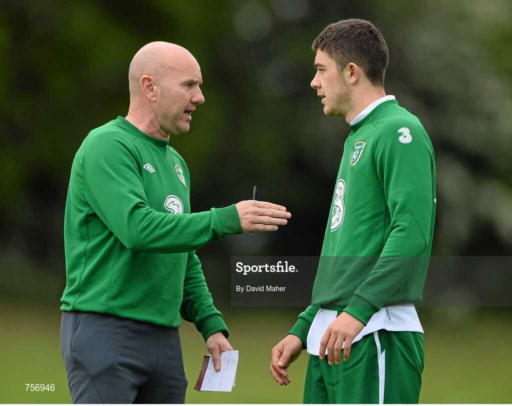 3 June 2013; Paul Doolin, Republic of Ireland Under-19 manager, in conversation with Sean Long. Under-19 Friendly, Republic of Ireland v Ireland Colleges Selection. Johnstown House, Enfield, Co. Meath. Picture credit: David Maher / SPORTSFILE