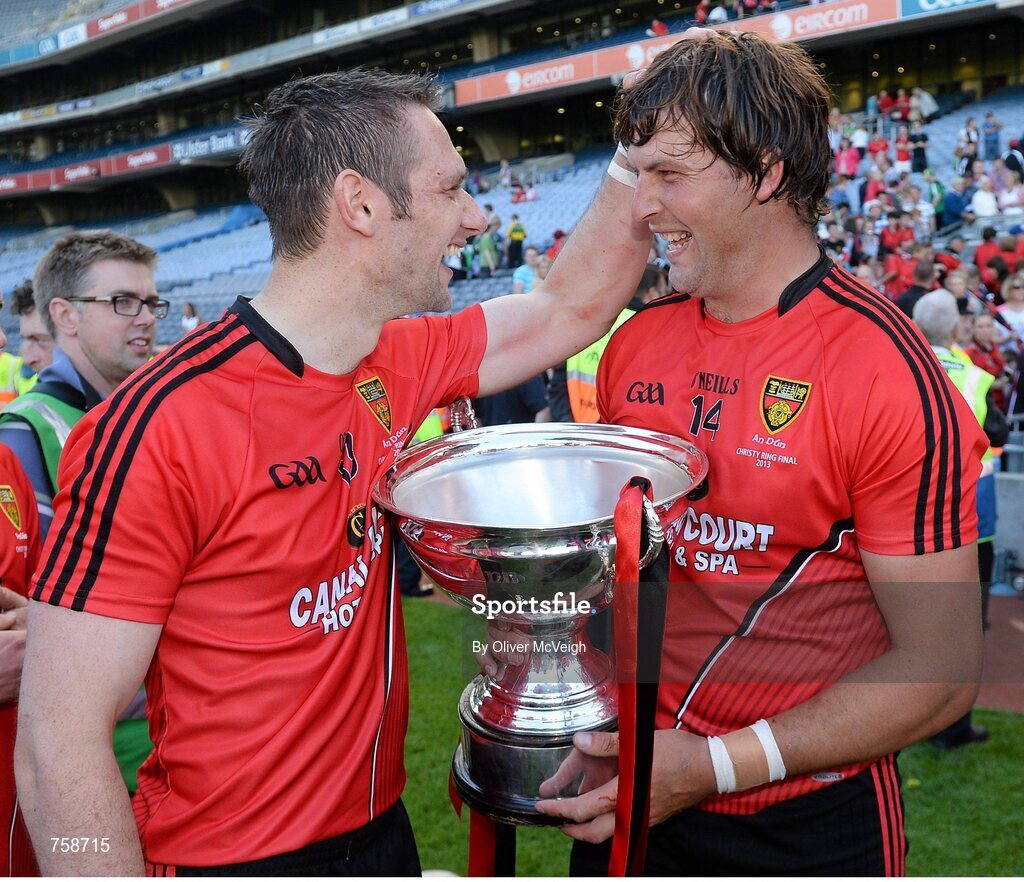 8 June 2013; Kevin McGarry, left, and Gareth Johnston, Down, celebrate with the cup. The Christy Ring Cup Final, Kerry v Down, Croke Park, Dublin. Picture credit: Oliver McVeigh / SPORTSFILE