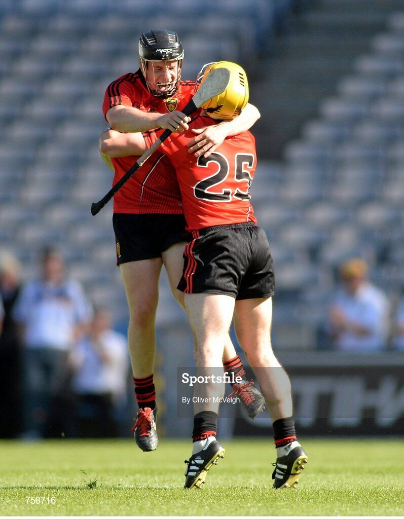 8 June 2013; James Coyle and Johnny McCusker, Down celebrate at the final whistle. The Christy Ring Cup Final, Kerry v Down, Croke Park, Dublin. Picture credit: Oliver McVeigh / SPORTSFILE