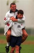 31 August 1998, Denis Irwin and Roy Keane Republic of Ireland pictured during the training session at Clonshaugh, Dublin. Picture Credit: David Maher/SPORTSFILE