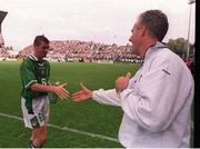 5 September 1998. Mick McCarthy Ireland Manager congratulates Roy Keane Ireland Captain, European Soccer Championship Qualifier, Rep of Ireland v Croatia, Lansdowne Road, Dublin. Picture Credit: Dave Maher/SPORTSFILE.